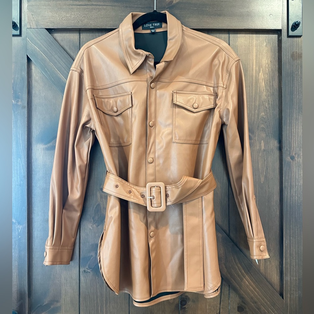 Love Tree Cognac Faux Leather Shirt Jacket